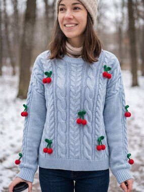 Cable Knit Sweater 3D Cherry Coquette Cottagecore L